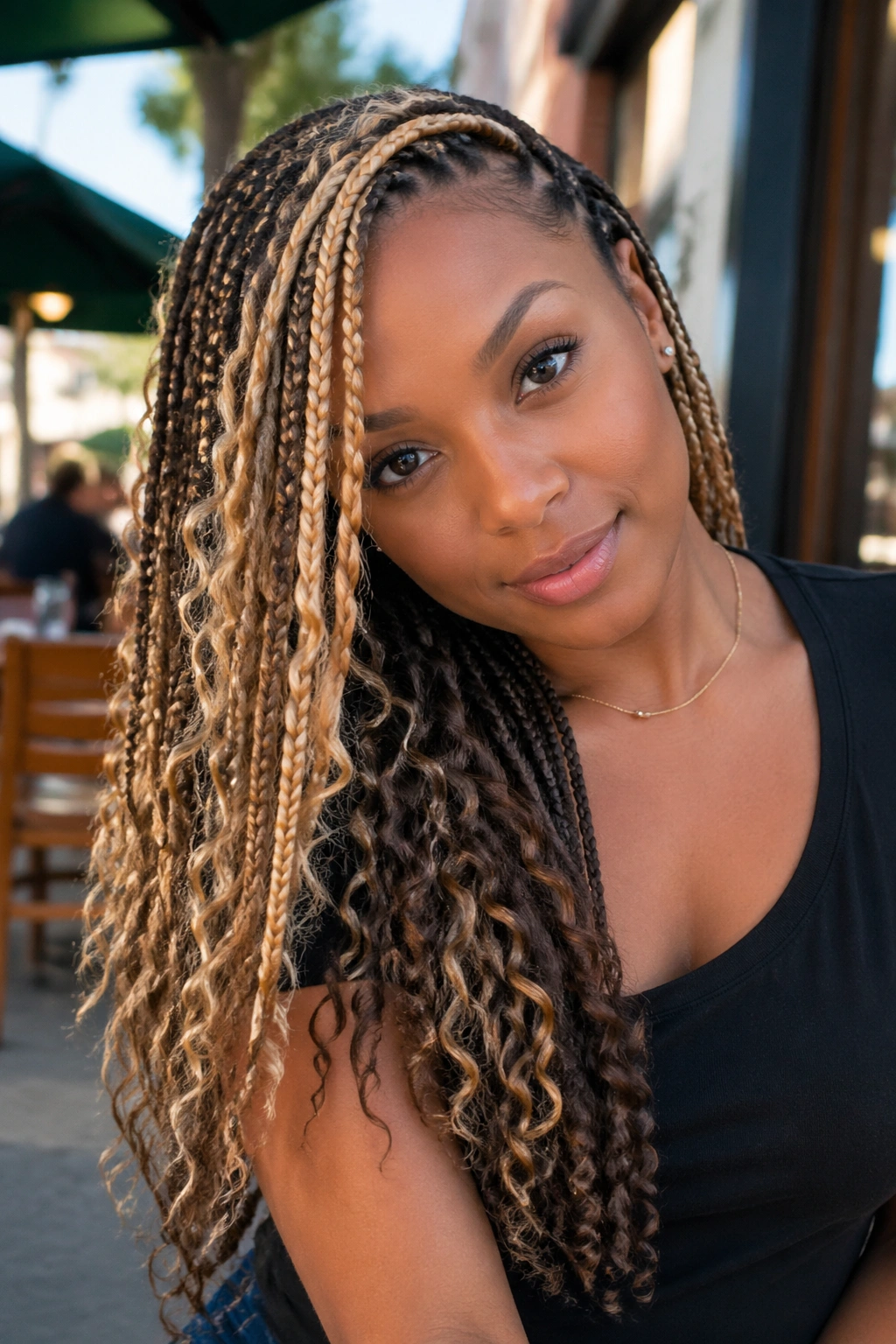 Close-up of a real woman with side-swept blonde and brown box braids and curly ends
