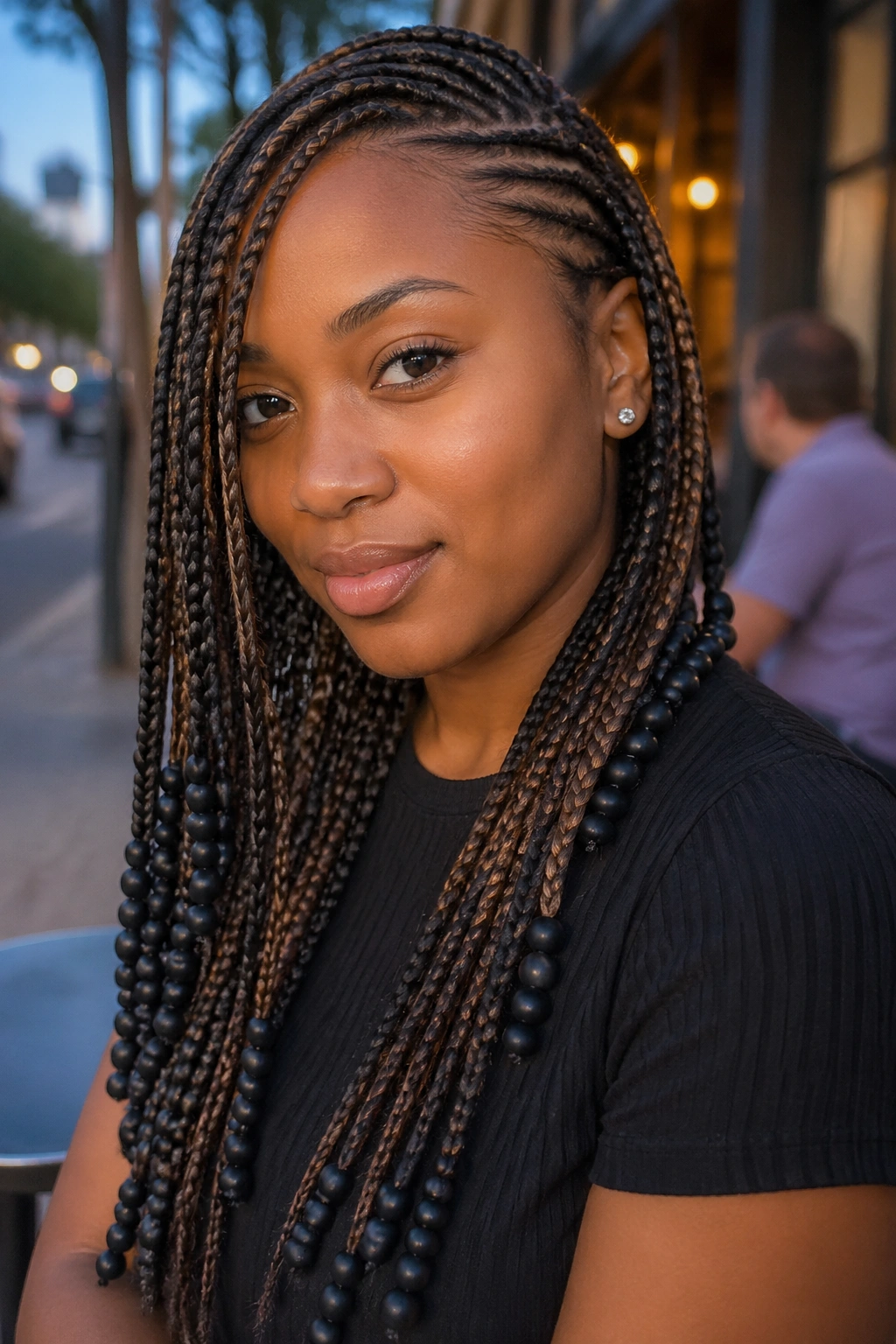 Close-up of side-swept box braids with matte black beads on a real person