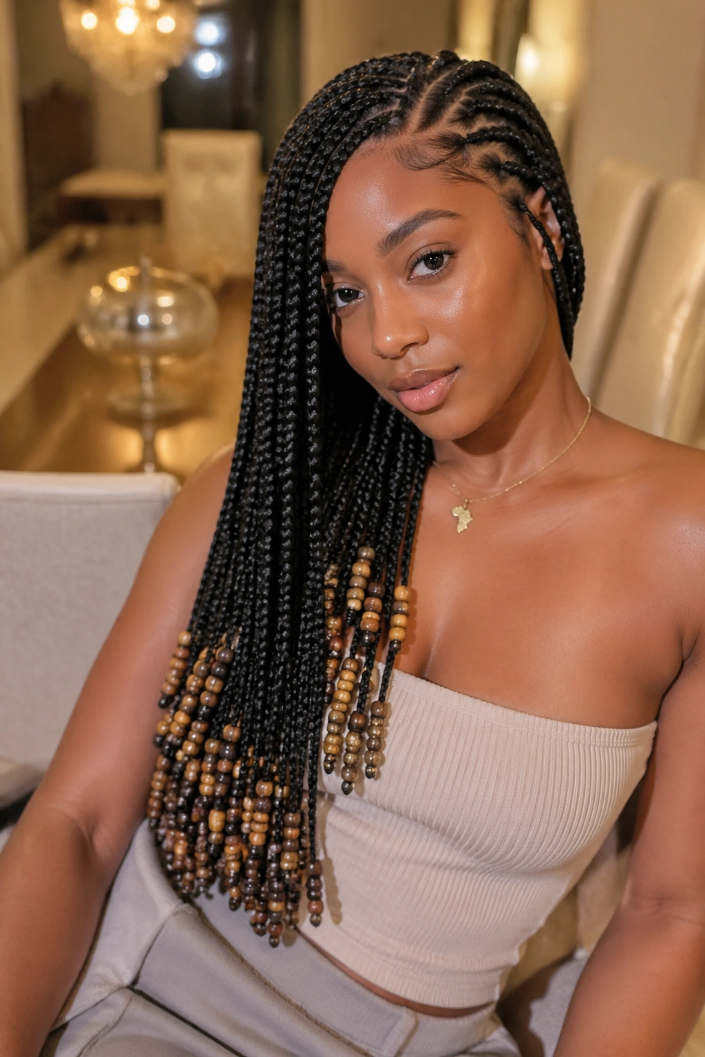 Portrait of a real person with side-swept knotless braids and bead curtain