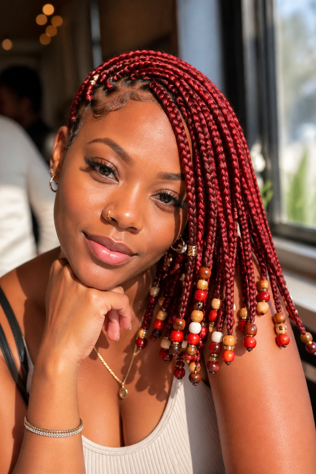 Close-up portrait of a real woman with side-swept red short box braids and mixed bead sizes