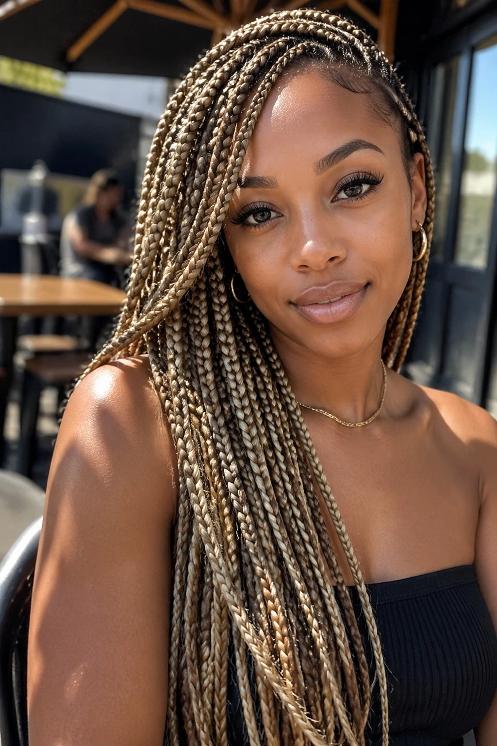 Close-up of a real person with side-swept blonde knotless braids over one shoulder