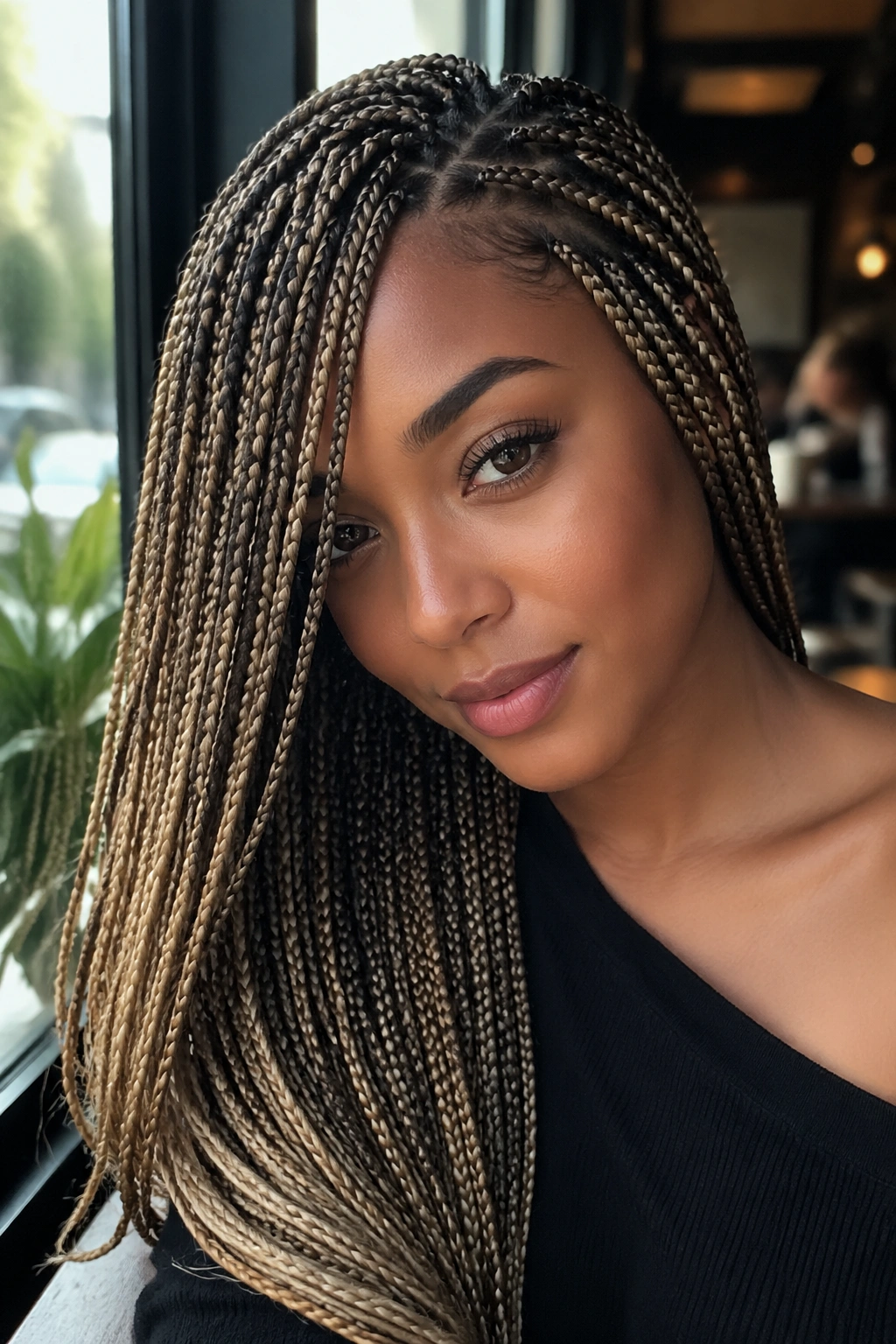 Close-up portrait of a real woman with side-swept blonde and brown knotless box braids
