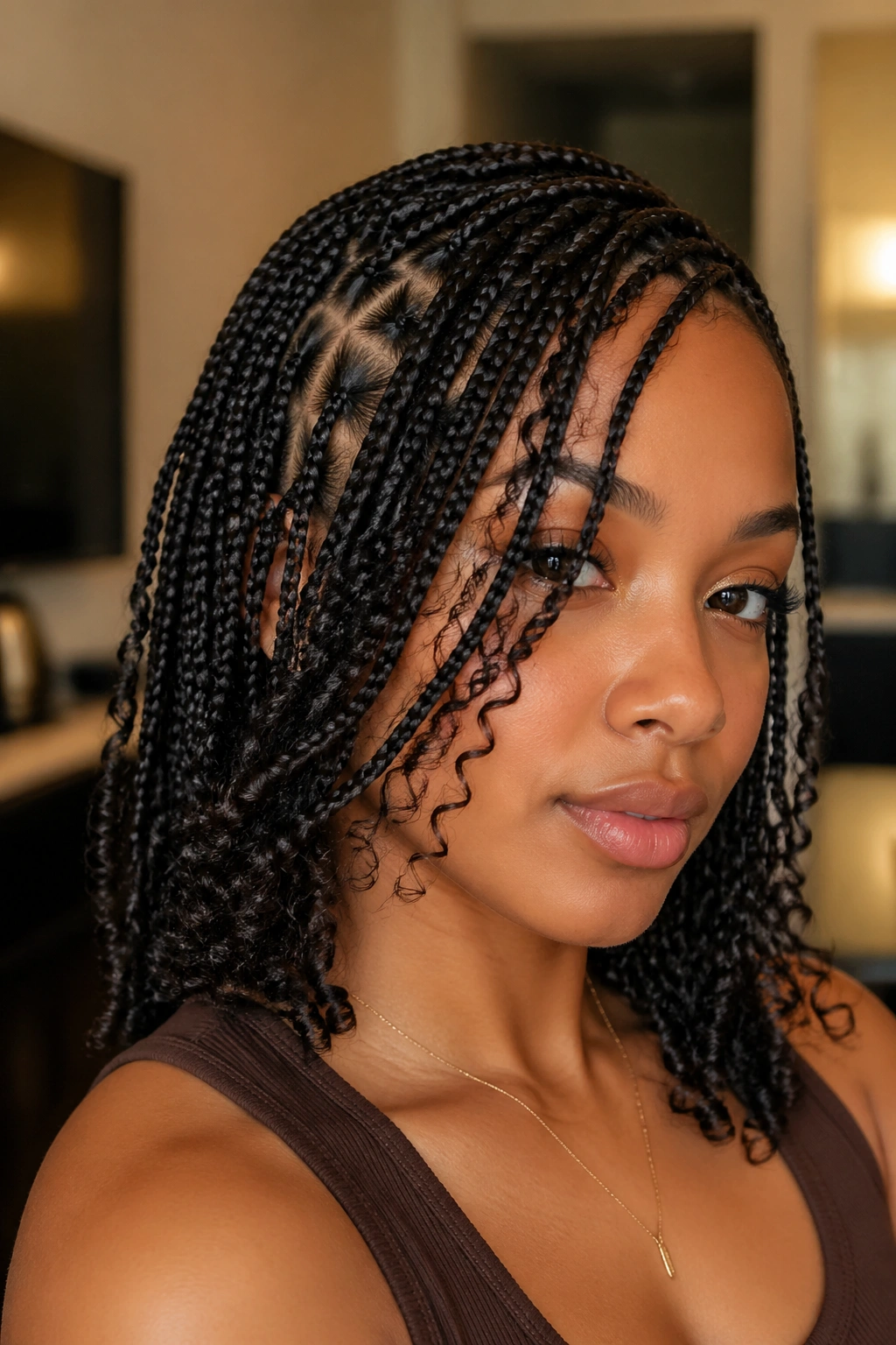 Real person with side-swept triangle-part box braids and curtain pieces