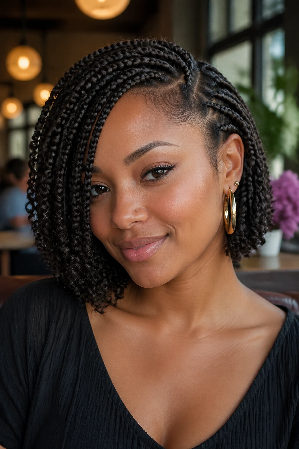 Close-up of side-swept braids tucked behind one ear on a real woman