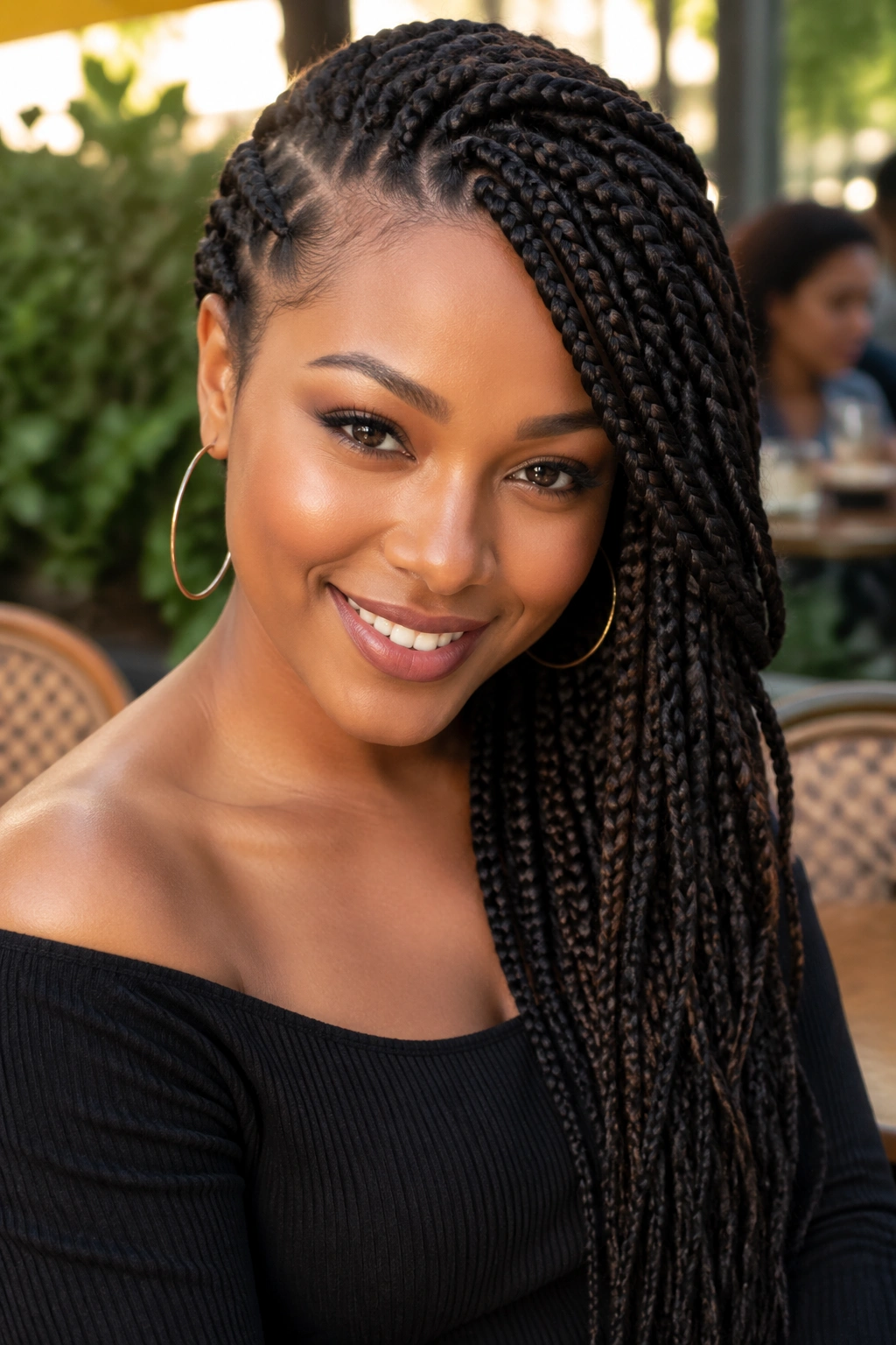 Close-up of a real woman with side-swept braids hairstyle
