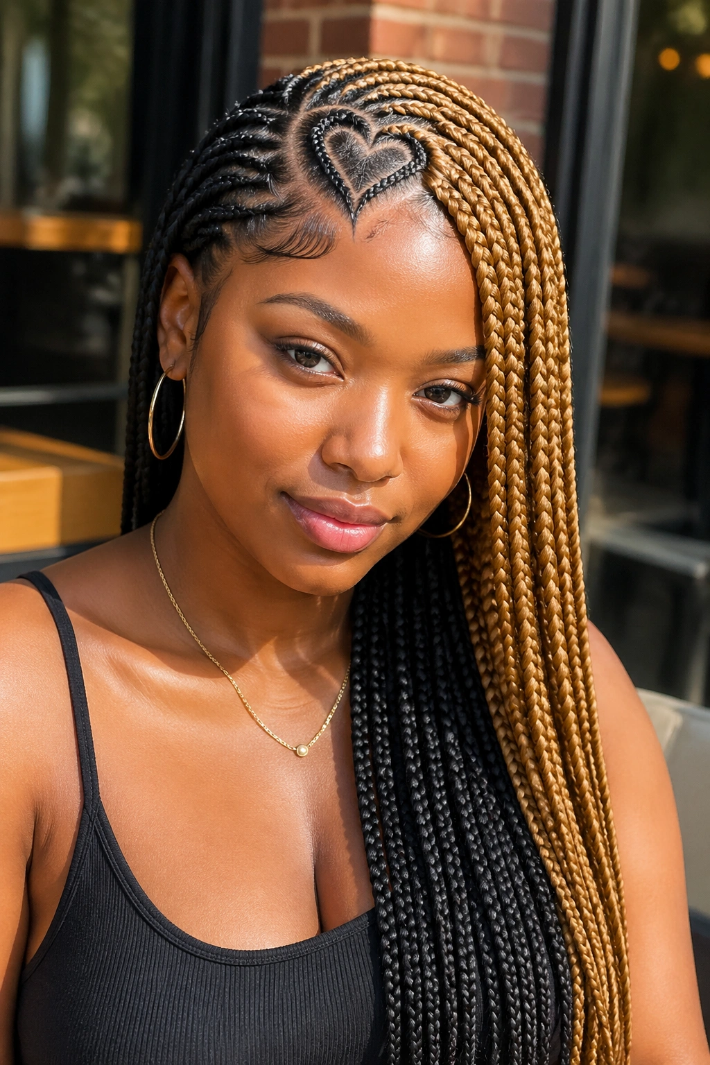 Close-up of a real woman with side-swept half-and-half braids and an oversized heart at the front.