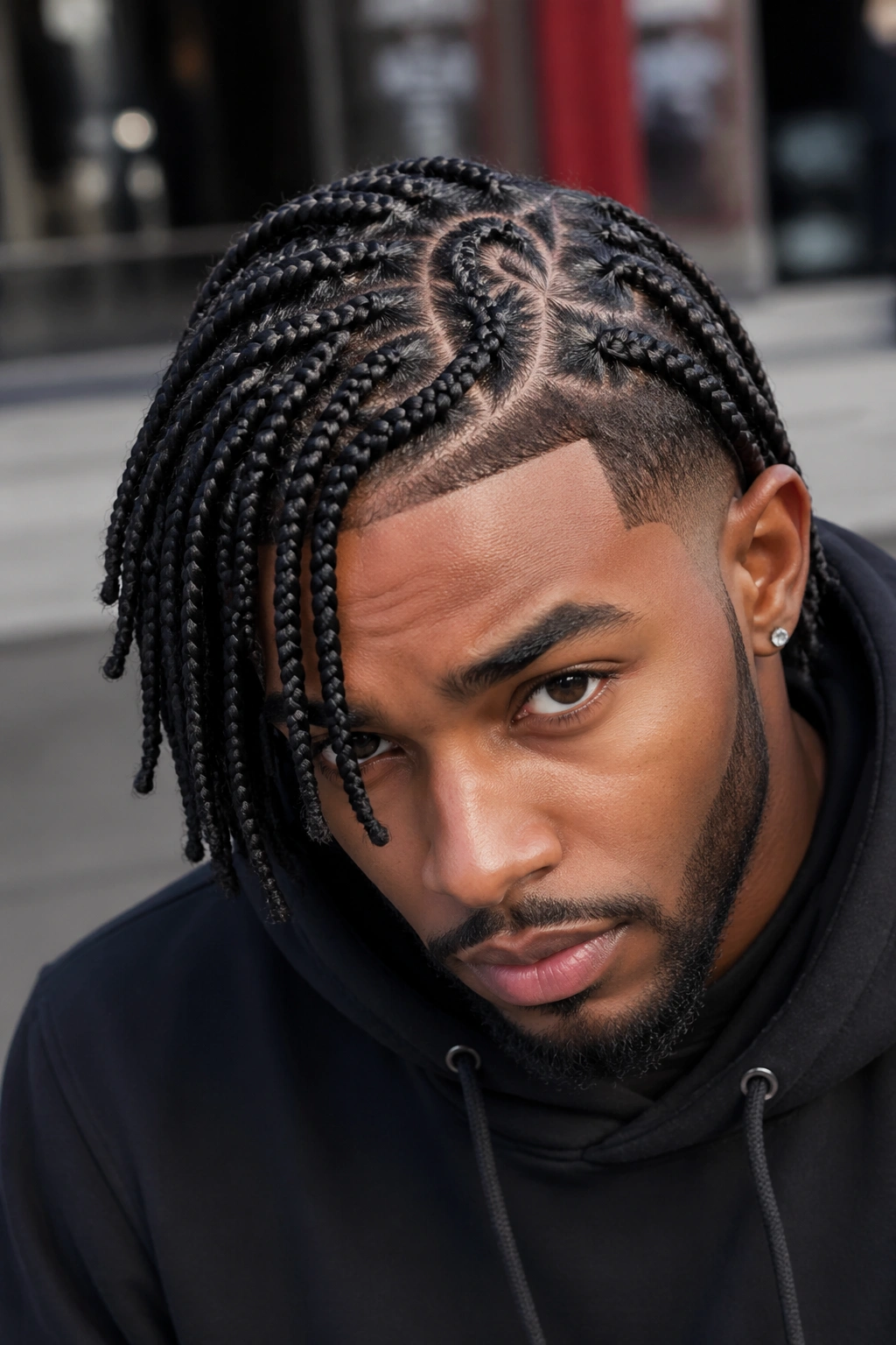 Close-up of a man with side-swept box braids and an off-center heart part.