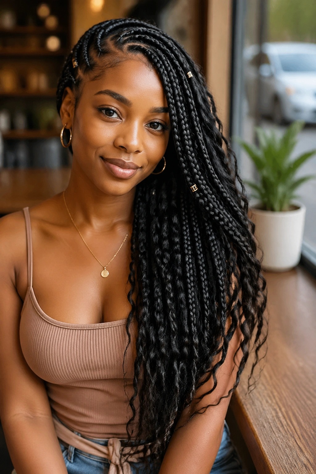 Portrait of a real woman with side-swept braids over one shoulder