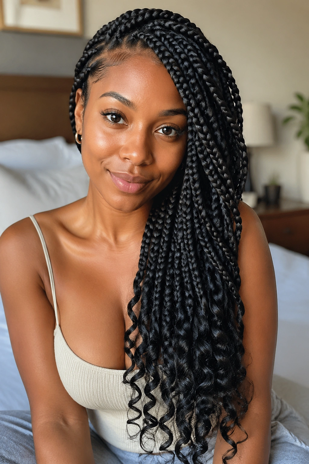 Close-up of a real woman with side-swept goddess knotless braids draped over one shoulder in soft window light