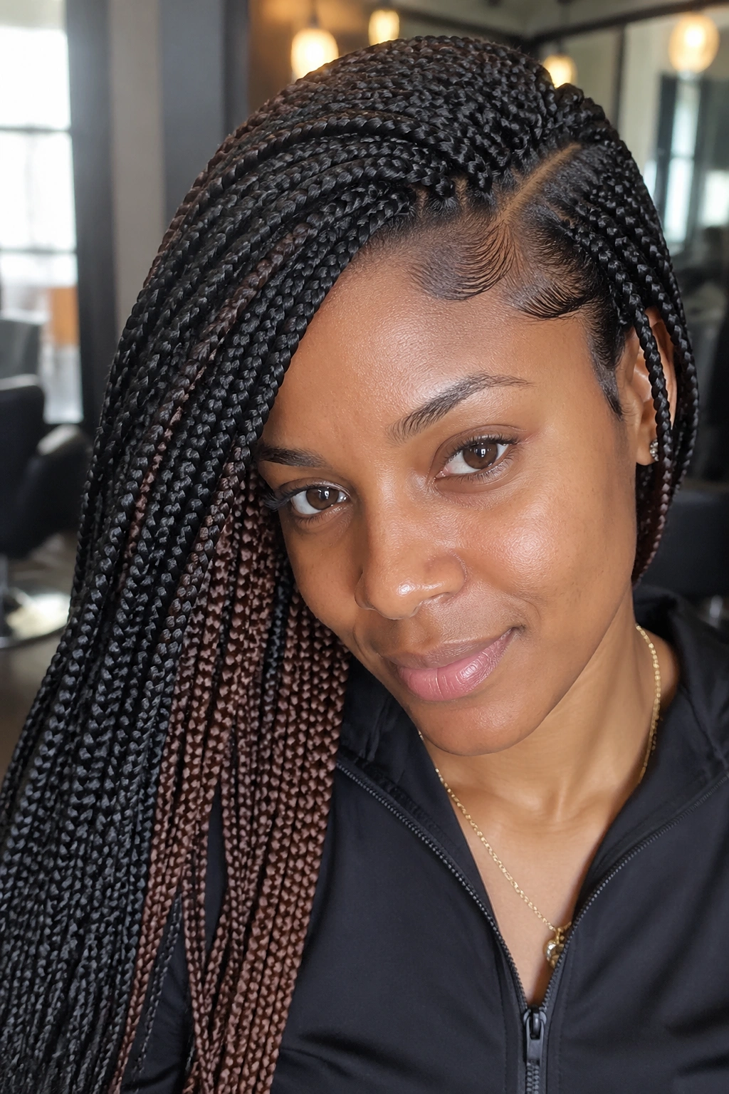 Side-swept brown peekaboo knotless box braids on a real woman, close-up portrait with warm salon lighting