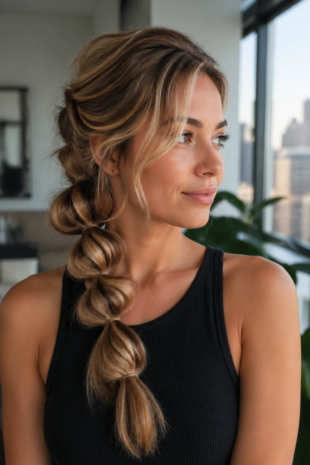 Real person with side-swept bubble braid and asymmetrical texture, close-up