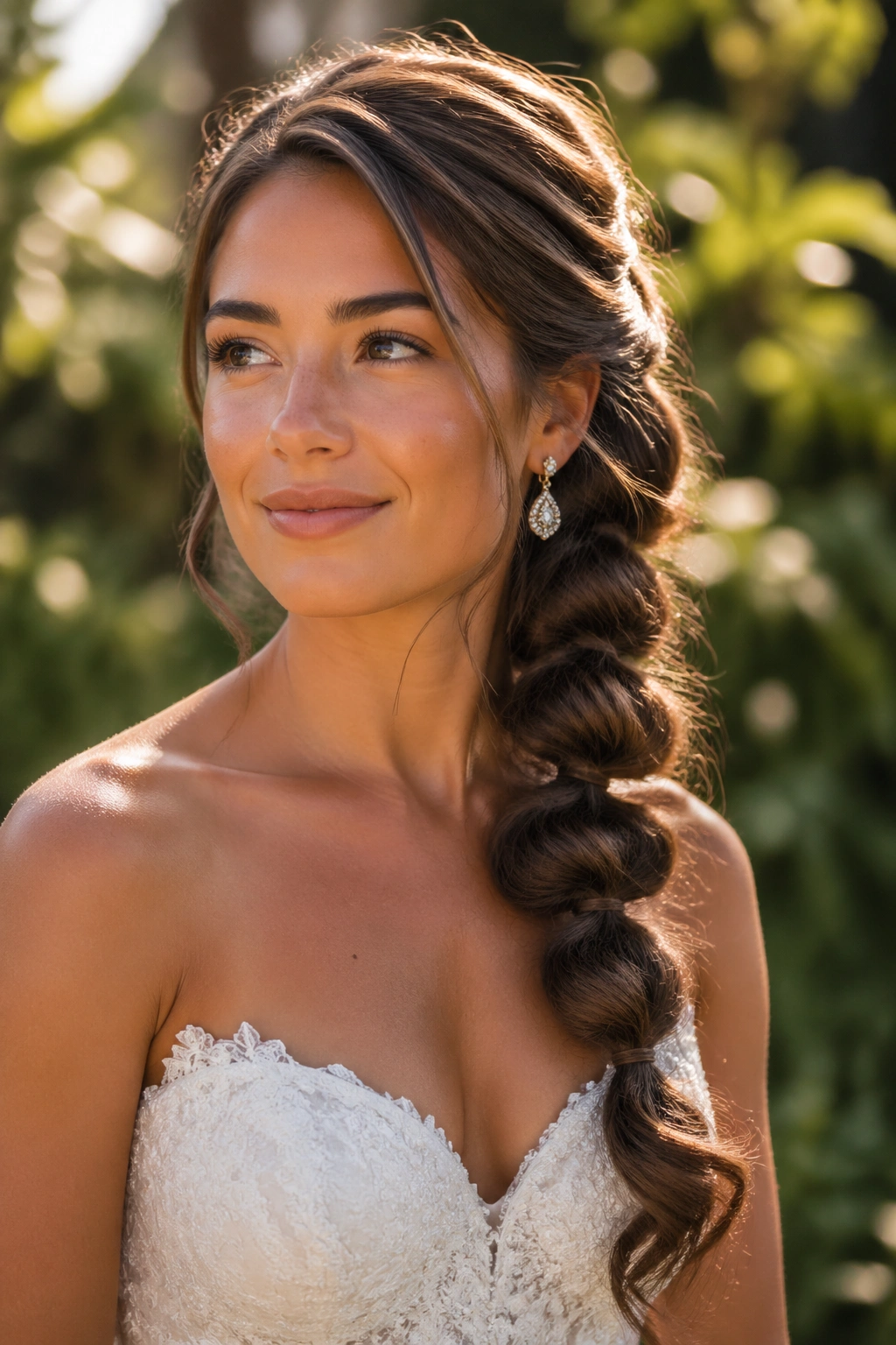 Bride wearing a side-swept bubble braid over one shoulder in garden setting