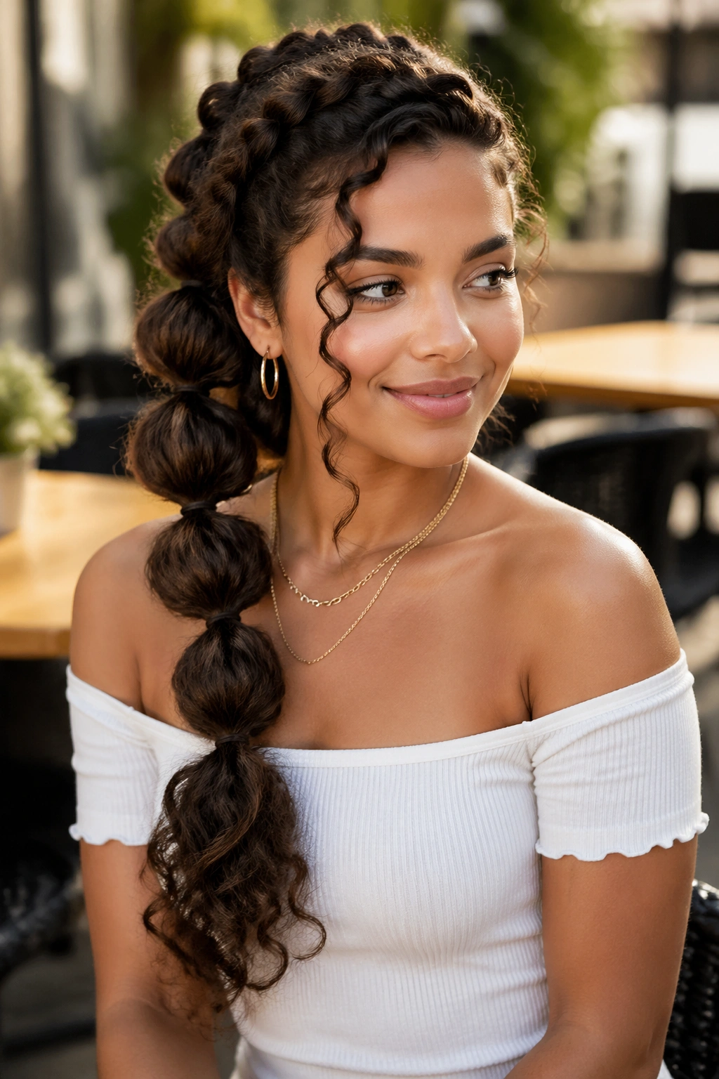 Three-quarter portrait of a real woman with Side-Swept Bubble Braids over one shoulder
