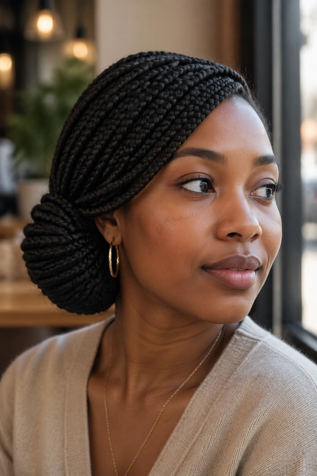 Close-up profile of a real person with a side-swept bun formed from box braids