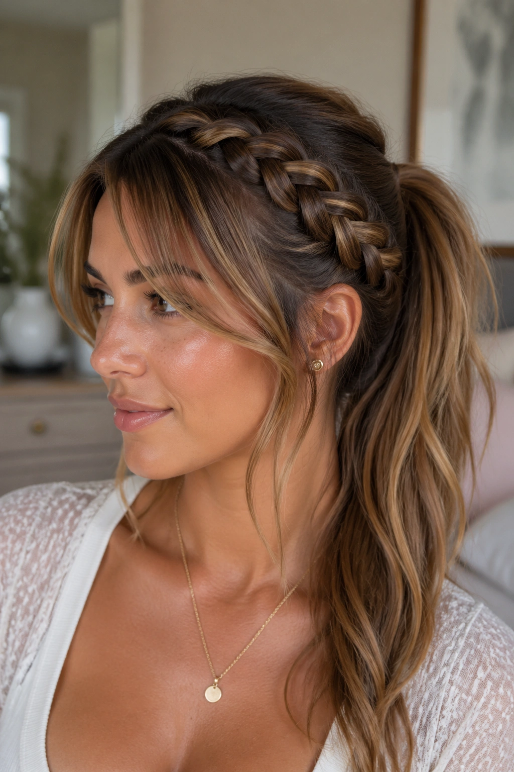 Close-up portrait of a real woman with side-swept curtain bangs and a butterfly braid ponytail