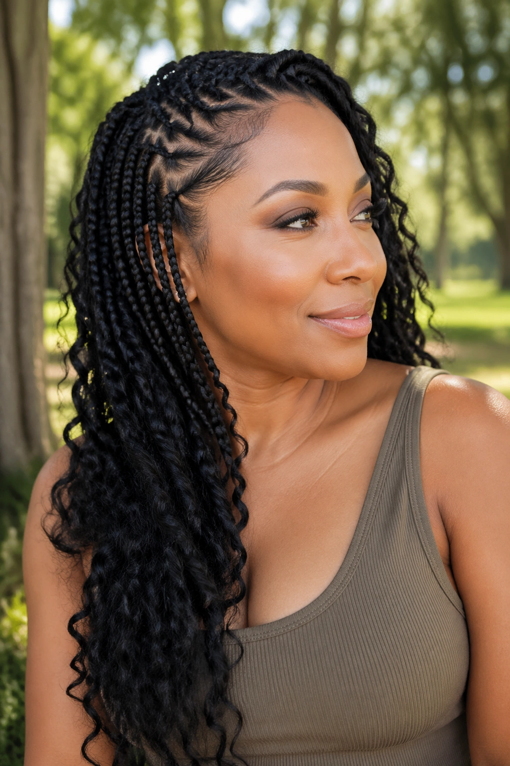 Close-up portrait of a real woman with side-swept butterfly braids over one shoulder
