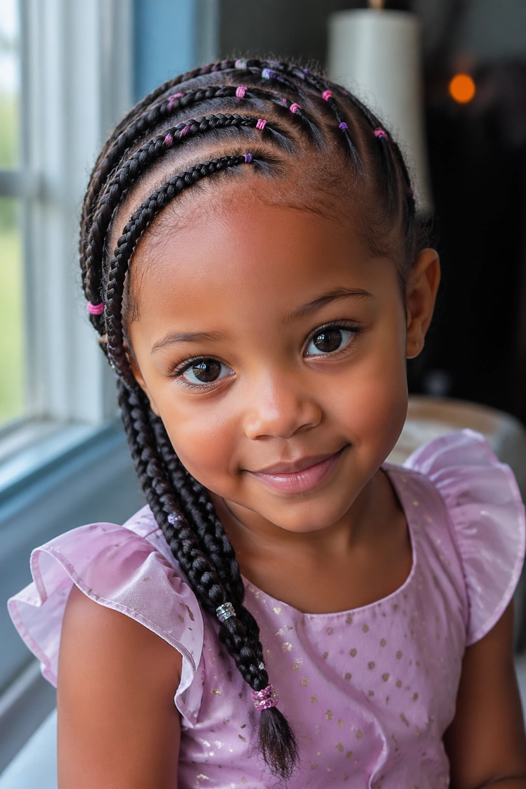 Close-up of toddler with side-swept rubber band cornrows