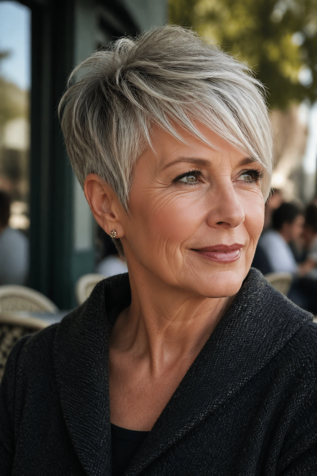 Real woman with side-swept crop and diagonal fringe in urban morning light
