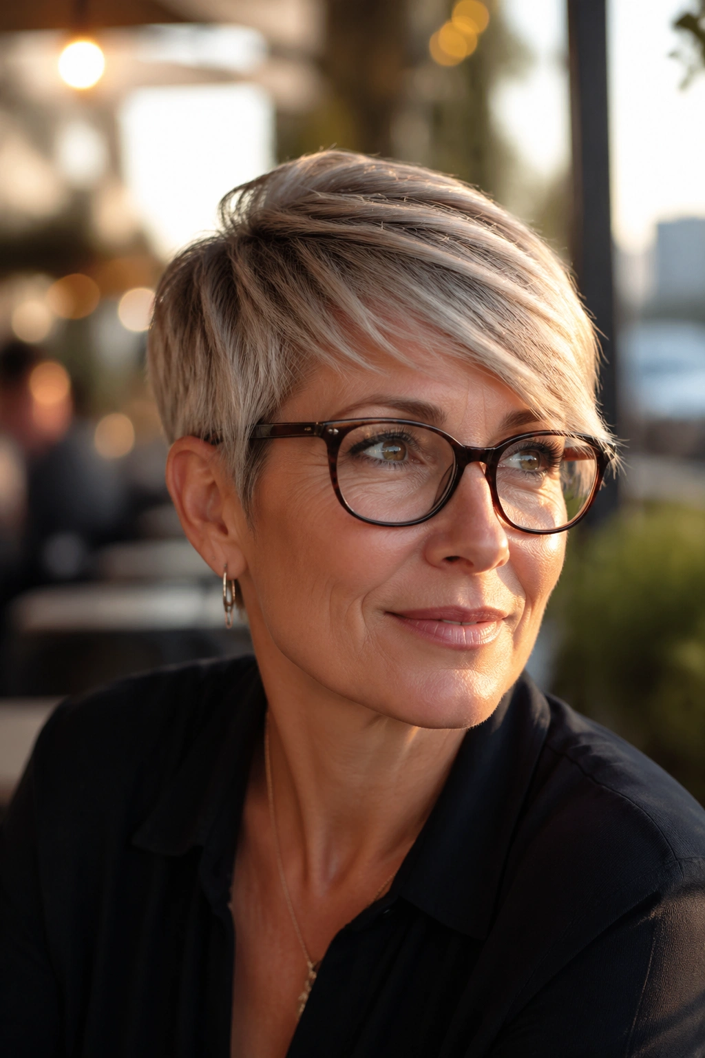 Portrait of a woman with a side-swept crop at a cafe