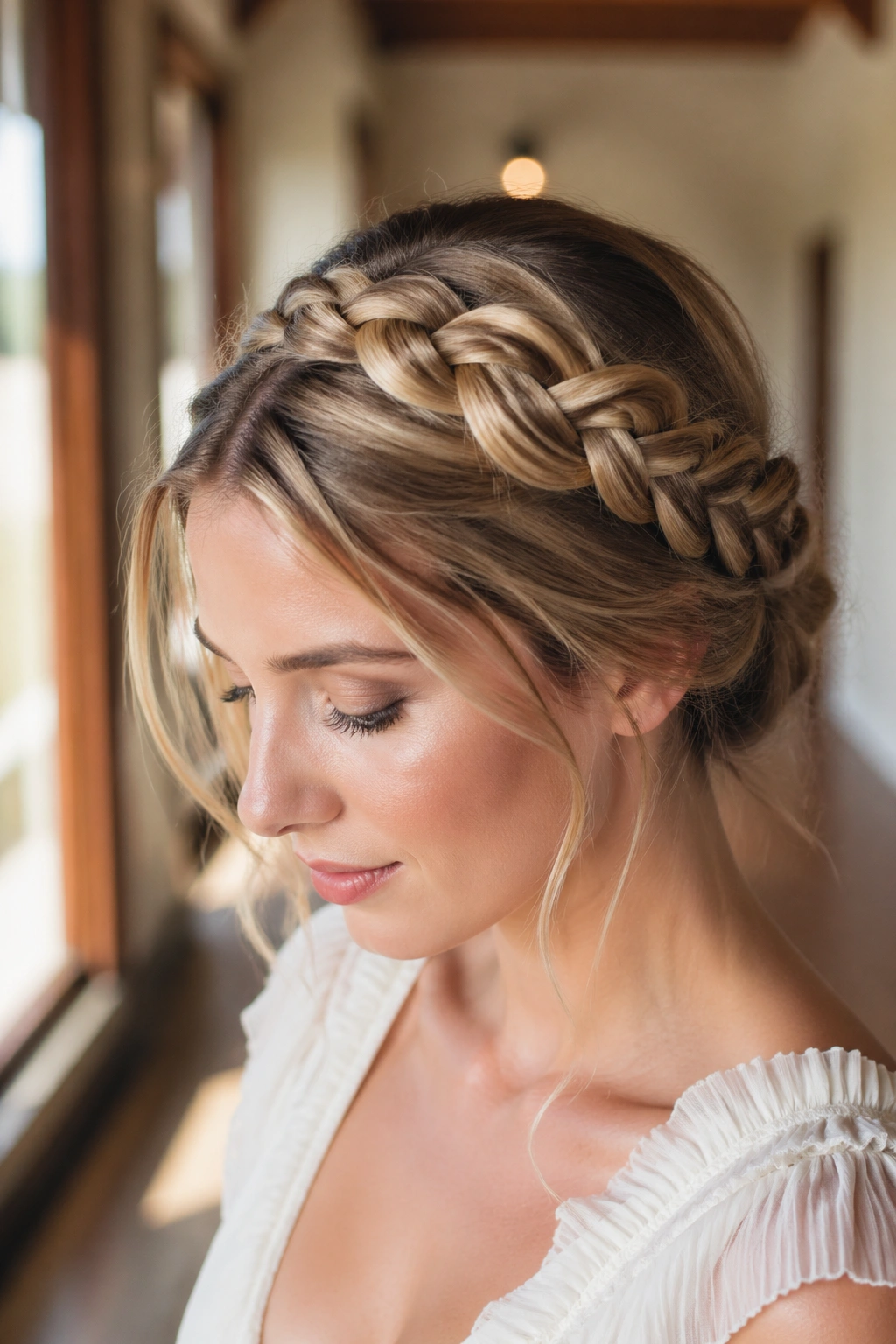 Close-up profile of a real woman with side-swept crown braid