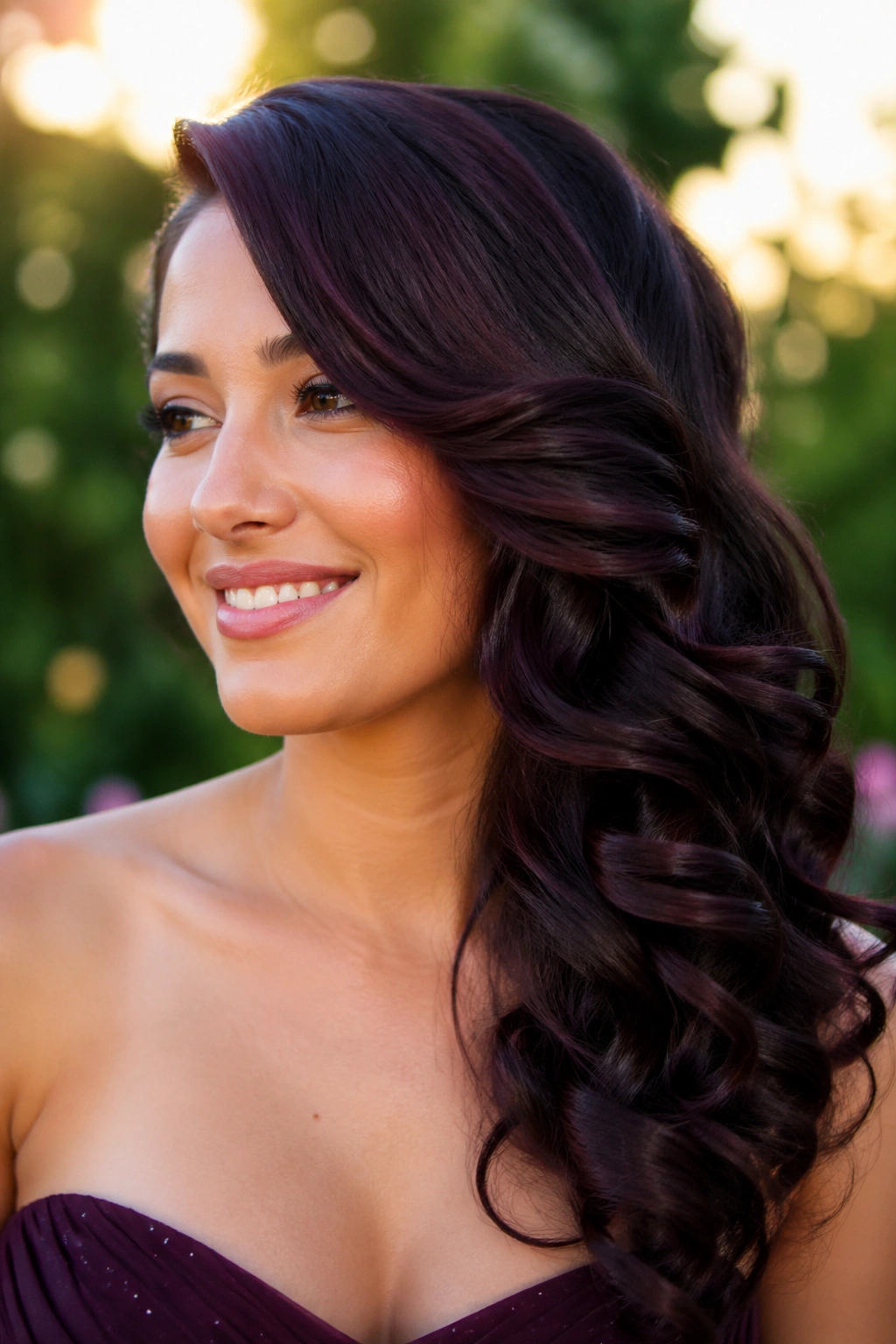 Side-swept curls in blackberry brunette on a real woman.