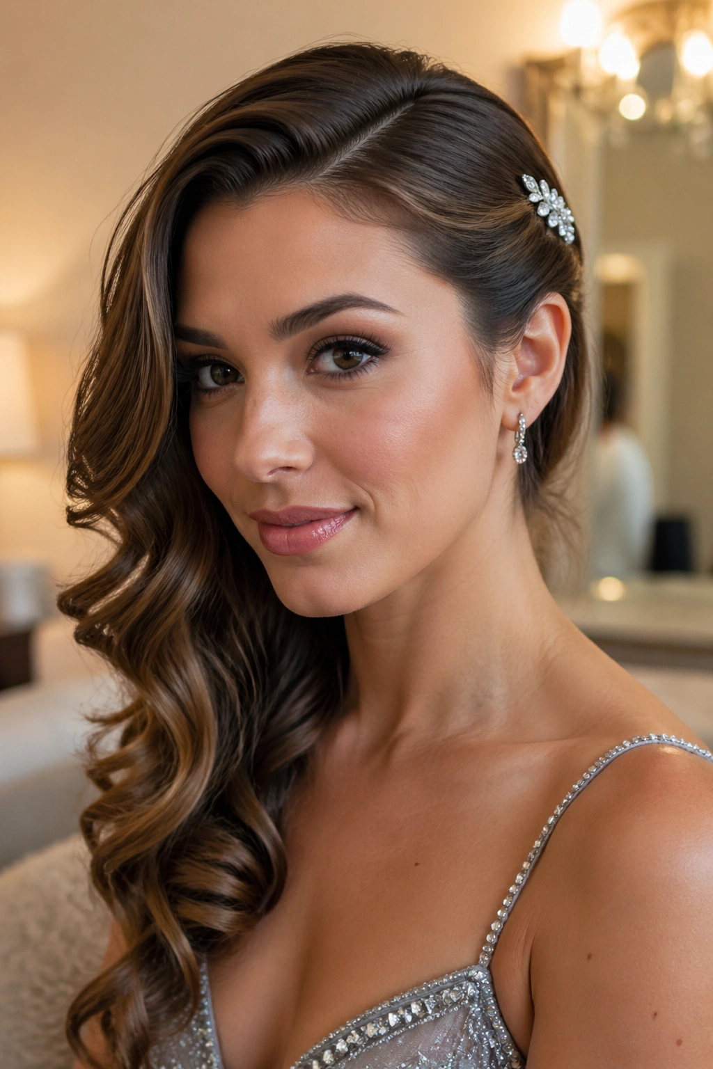 Portrait of a real woman with deep side-parted curls and a sparkly clip pinning the temple, prom-ready