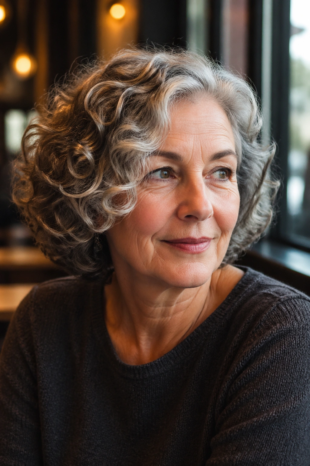 Real woman with side-swept curly bob under warm daylight