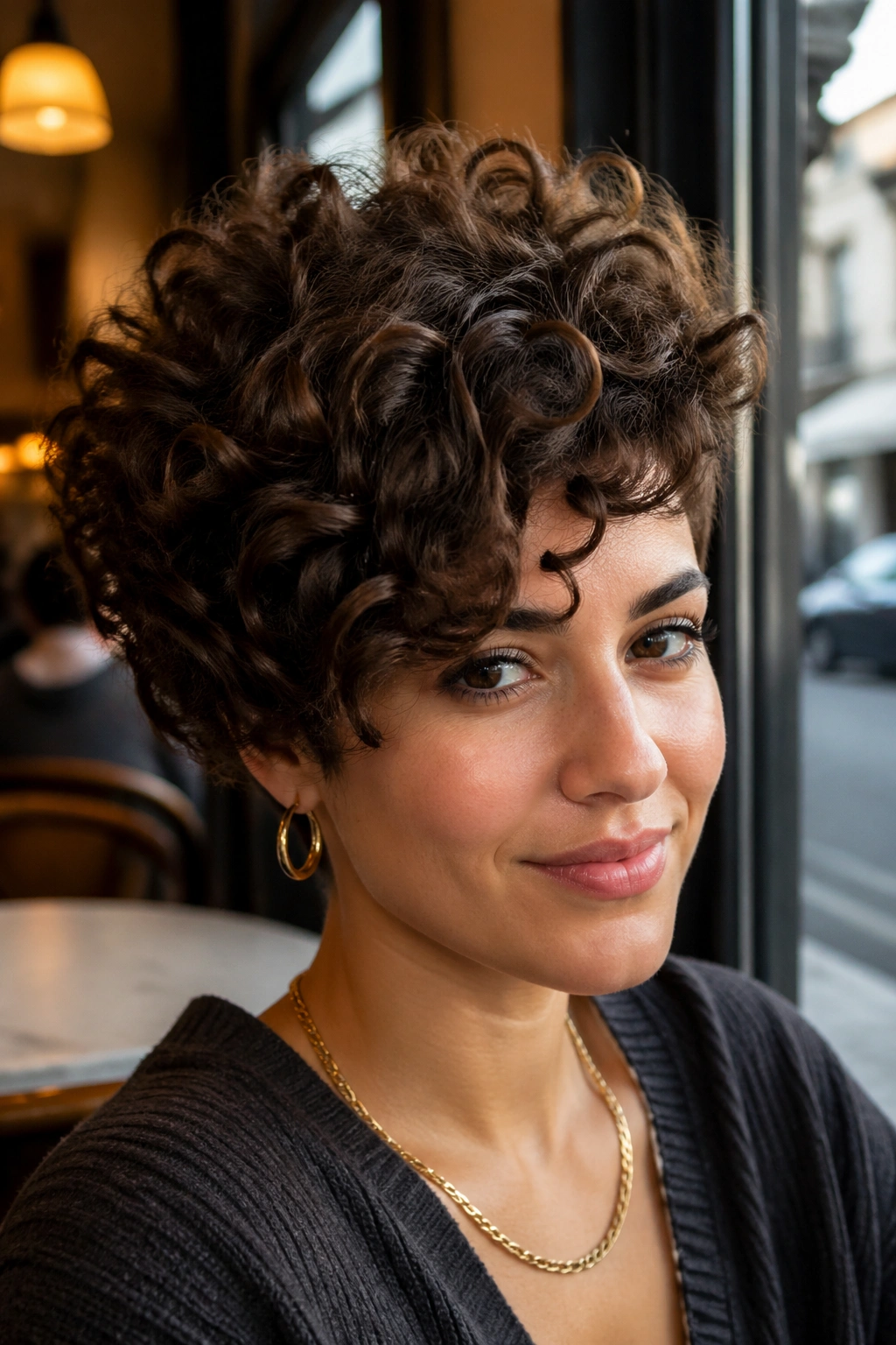 Close-up portrait of a real person with a side-swept curly crop in a cafe window setting