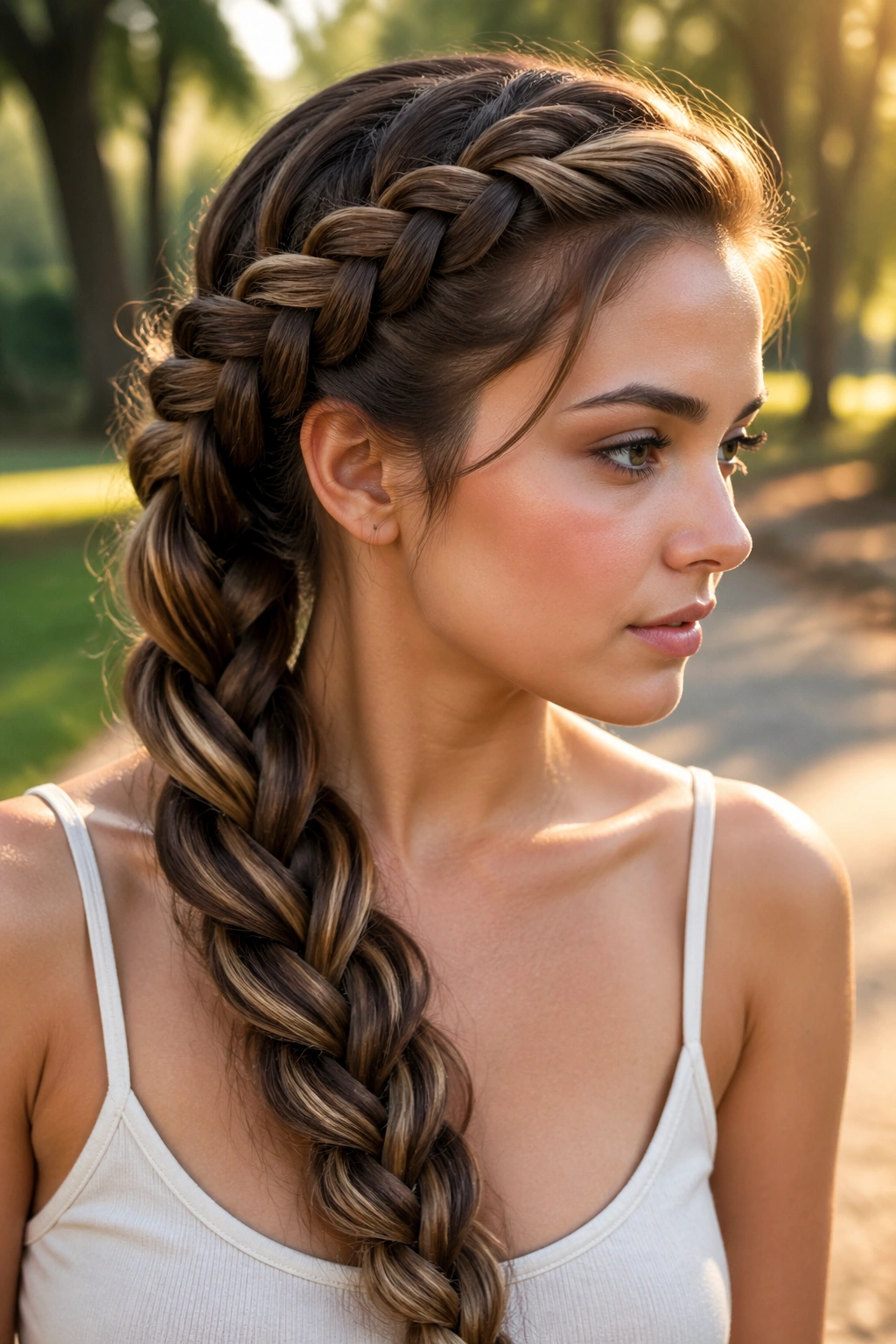 Real woman with a side-swept dragon braid over one shoulder in golden hour light