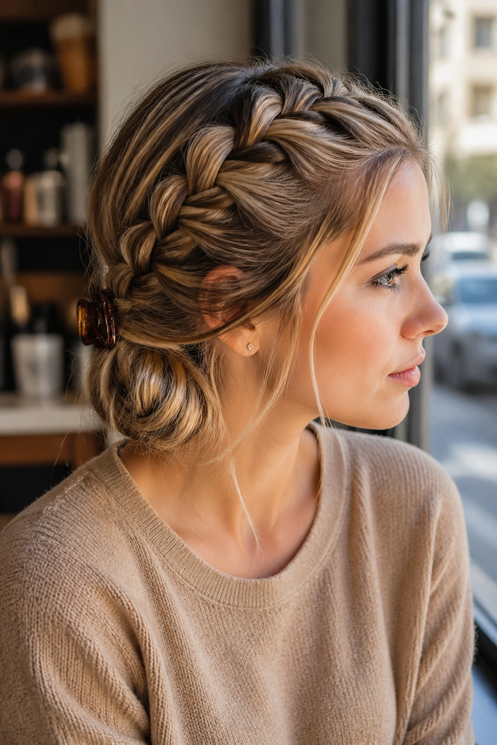 Real woman with side-swept Dutch braid clipped at the back, natural light.