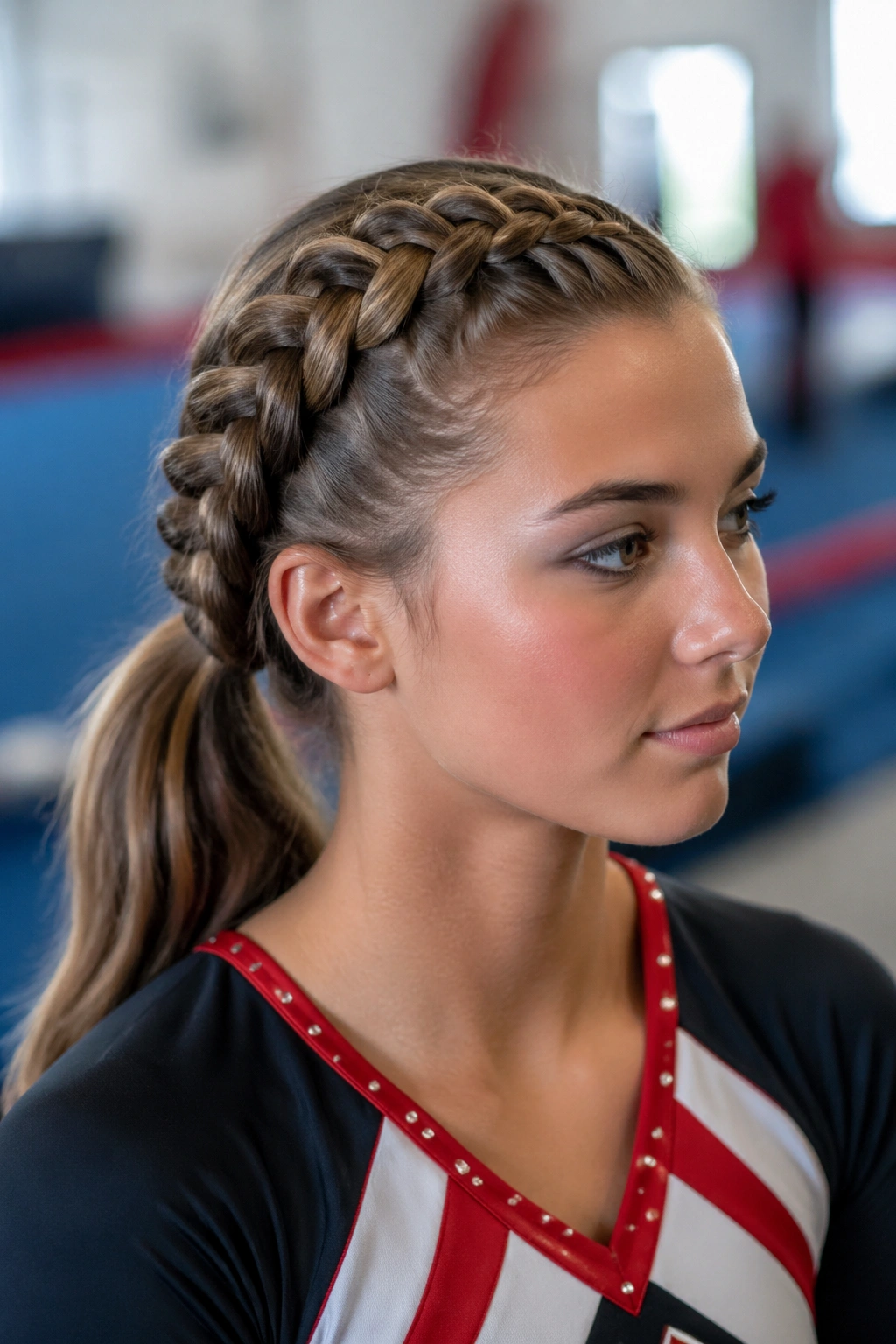 Profile of a real cheerleader with a side-swept Dutch braid into a low ponytail in practice space