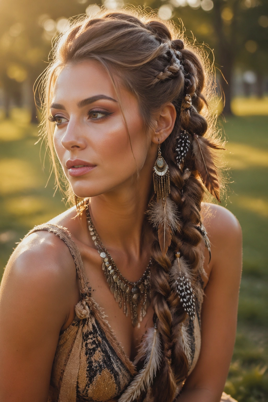 Real woman with side-swept feather braid outdoors at golden hour.