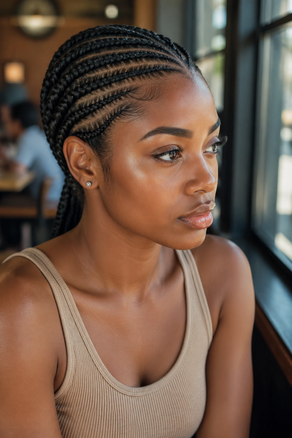 Close-up of a real woman with side-swept feed-in braids pulled back
