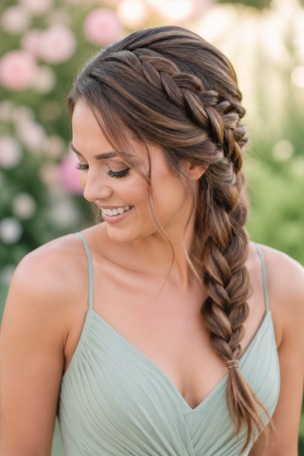Close-up of a real woman's side-swept French braid along the neckline.