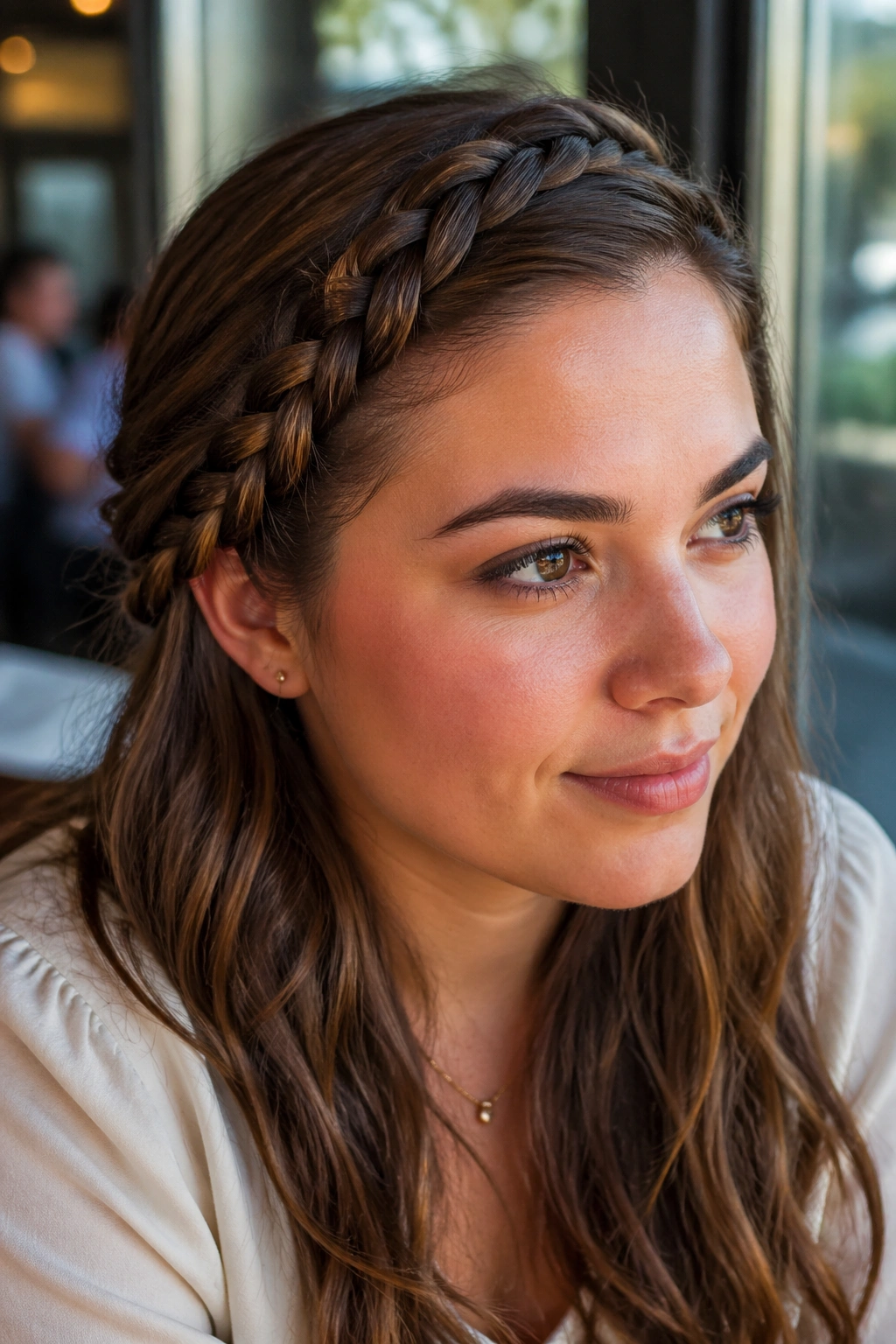 Real person with a side-swept French braid starting at the brow