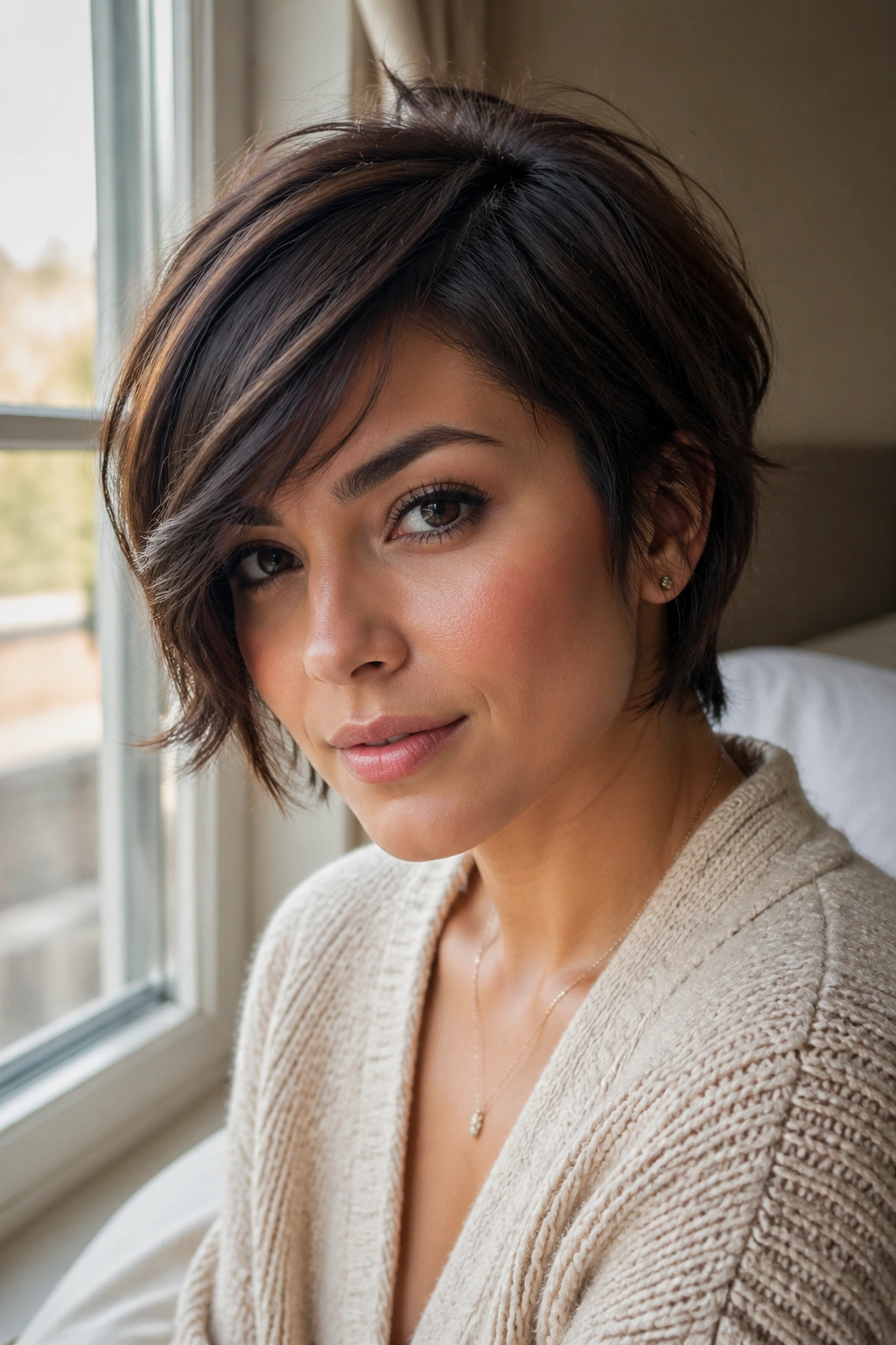Close-up portrait of a real woman with a side-swept fringe bixie in a window-lit bedroom