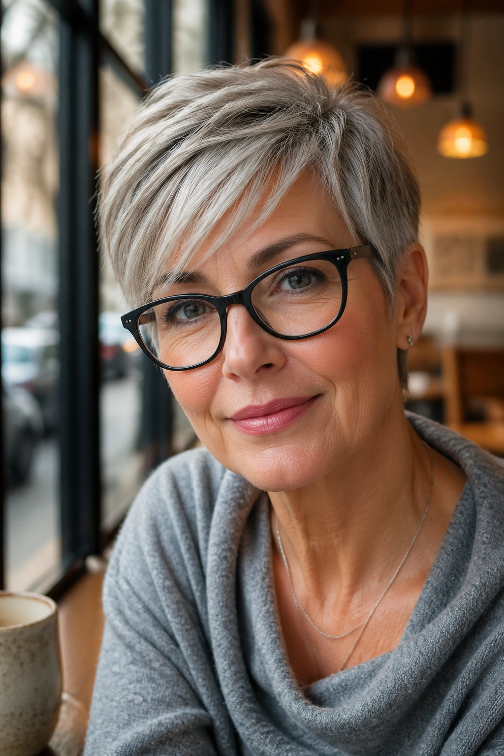 Close-up of real woman with side-swept fringe pixie and glasses in a cafe window setting