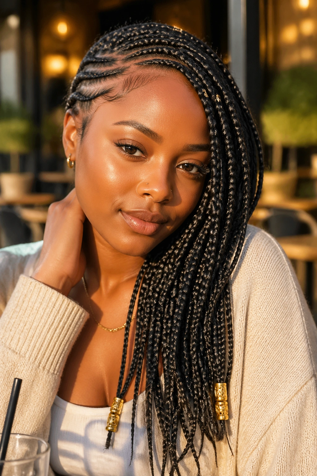 Close-up portrait of a real woman with side-swept Fulani braids and gold cuffs
