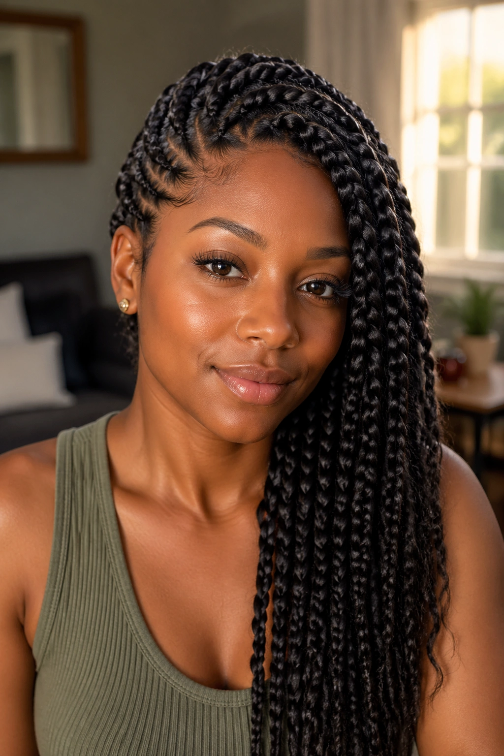 Close-up of a real woman with side-swept goddess braids