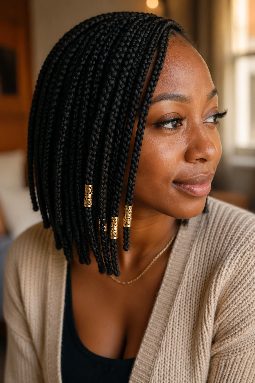 Portrait of a real woman with side-swept knotless braids and gold cuffs near the face