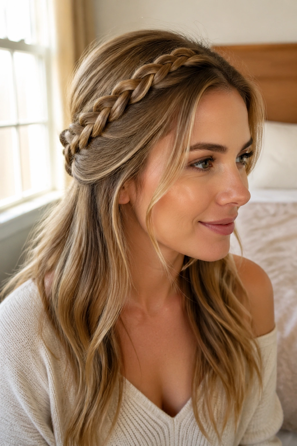 Close-up portrait of a real woman with a side-swept half-up braid, natural window light