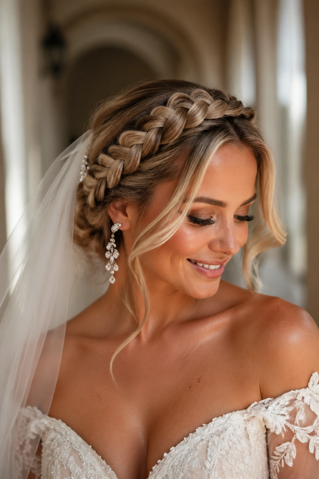 Close-up bride head with side-swept halo braid