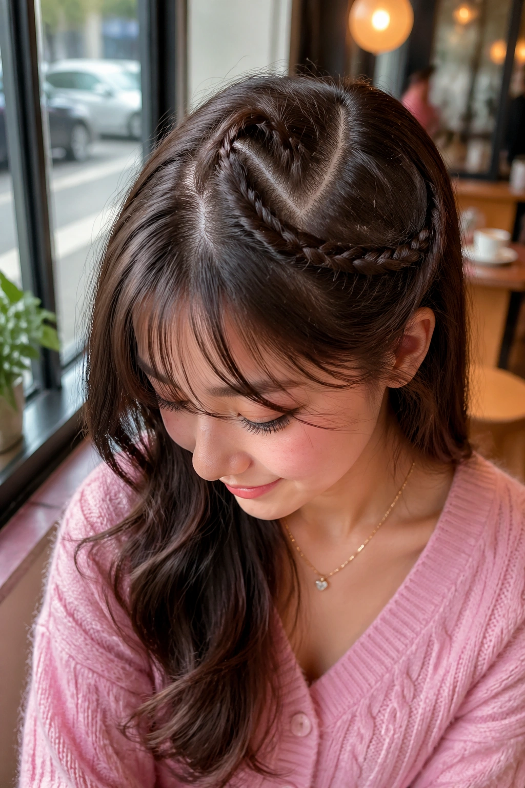 Close-up of a real person wearing a diagonal heart braid along a deep side part