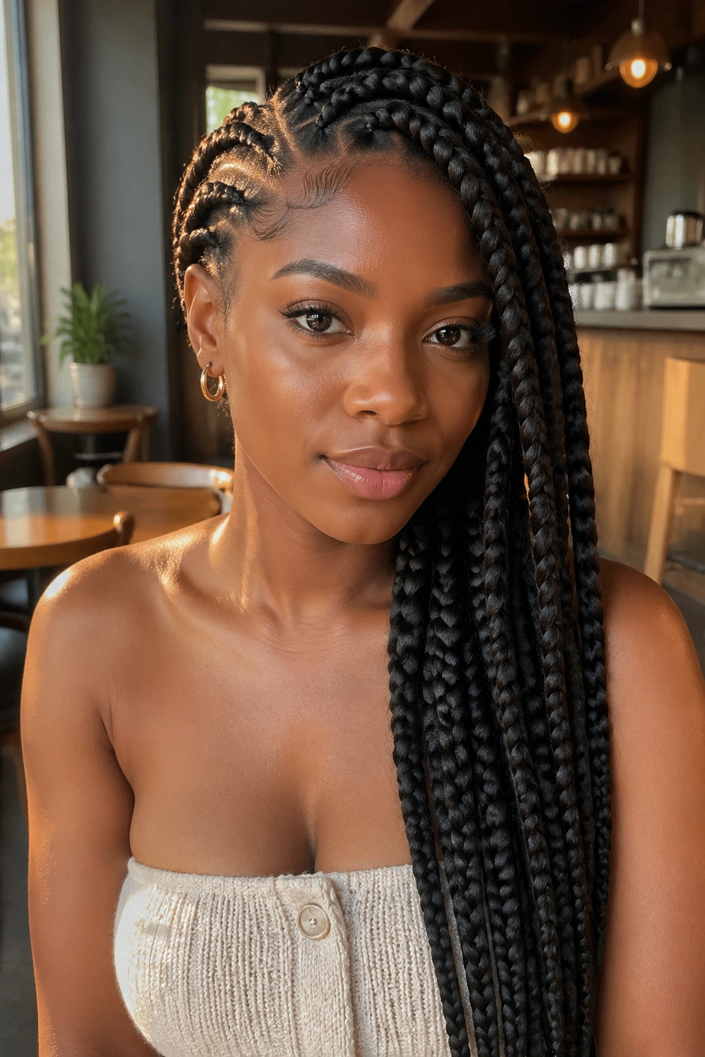 Real woman with side-swept jumbo feed-in braids over one shoulder in a cafe