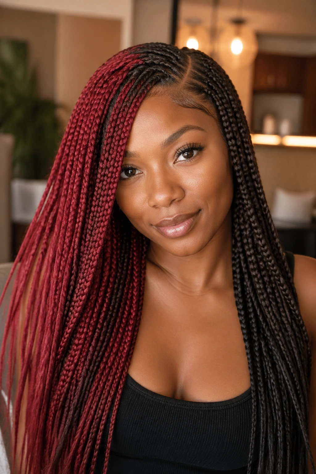Close-up of a real woman with side-swept brown and red knotless braids