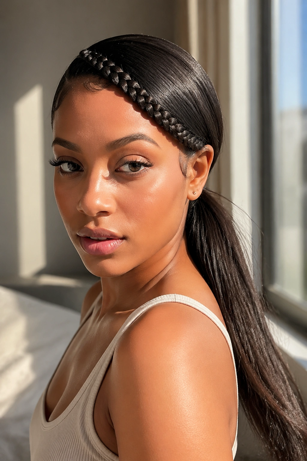 Close-up of real woman with side-swept lace braid ponytail