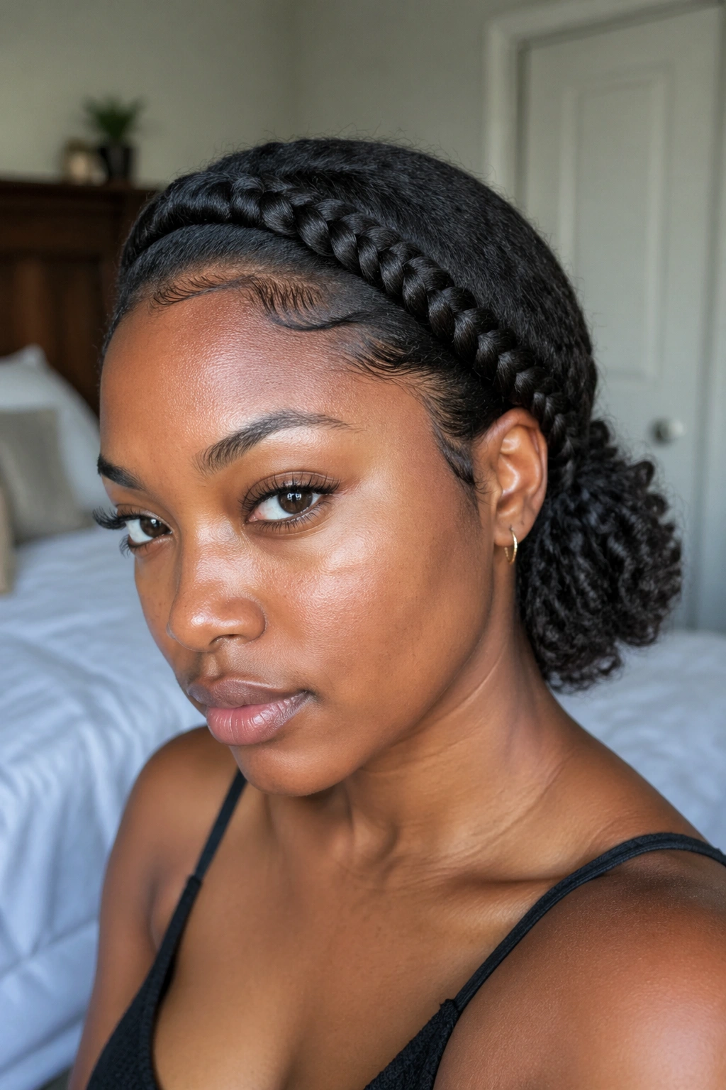 Close-up portrait of a real woman with a side-swept lace braid along the hairline on stretched Type 4 hair, warm window light.