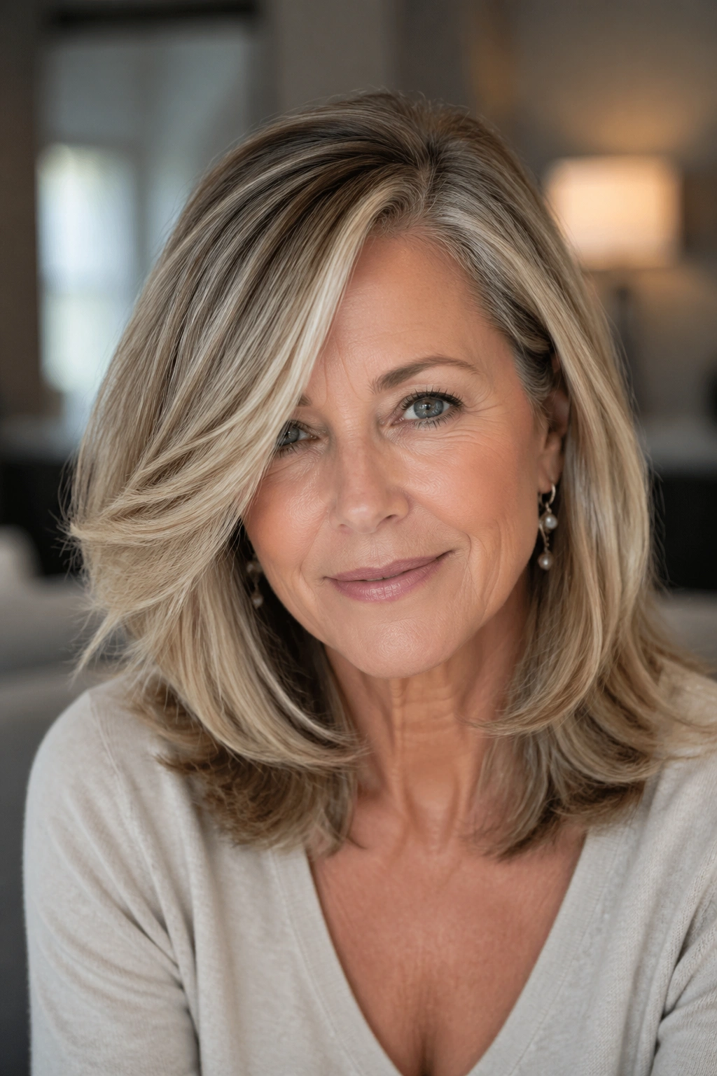 Close-up portrait of a woman with side-swept layers and a deep part