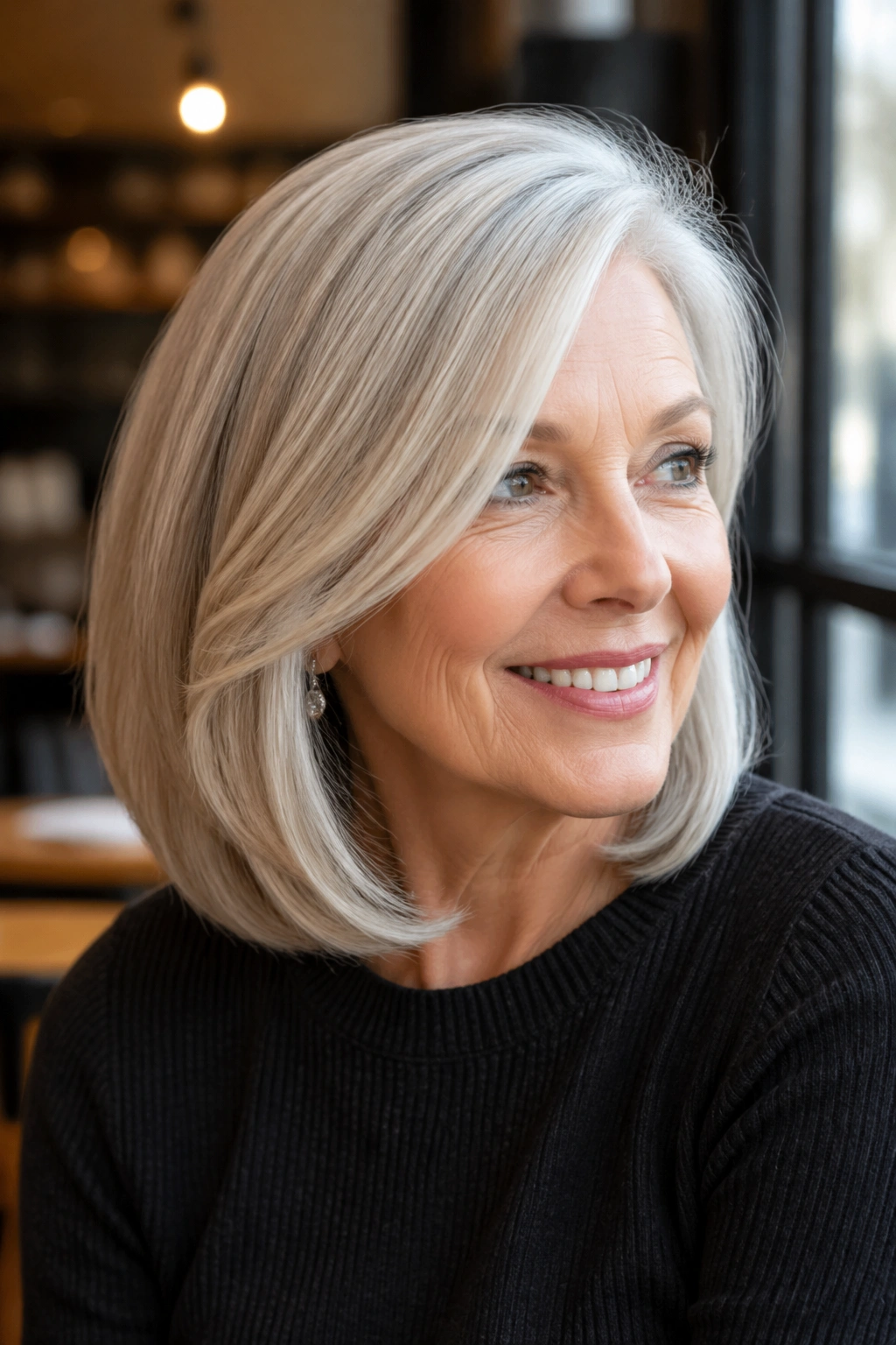 Portrait of a woman with a side-swept lob and polished ends