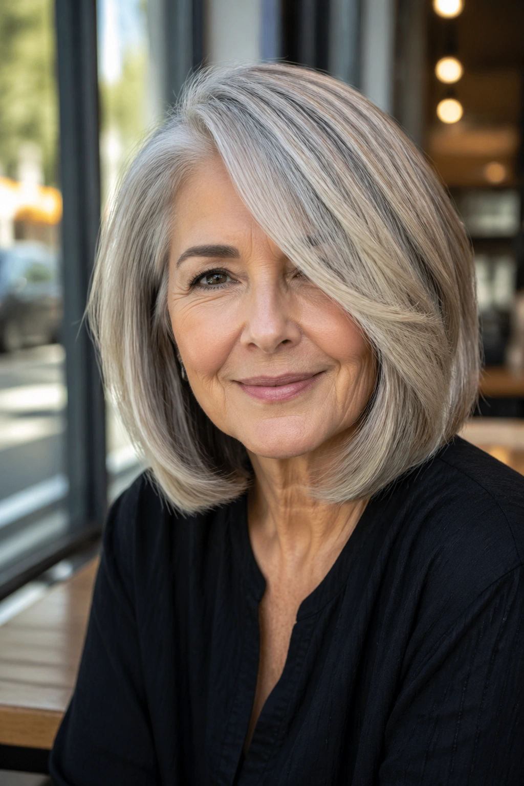 Close-up of real woman with side-swept lob at cafe